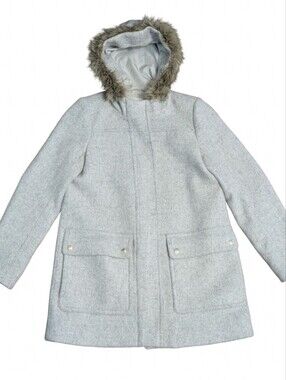 J.Crew Vail Parka Wool Jacket Light Gray Fur Trim Hood Sz 4 Peacoat Coat